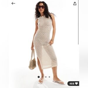ASOS • JDY • Open Crochet Midi Tank Dress • Stone • Size M